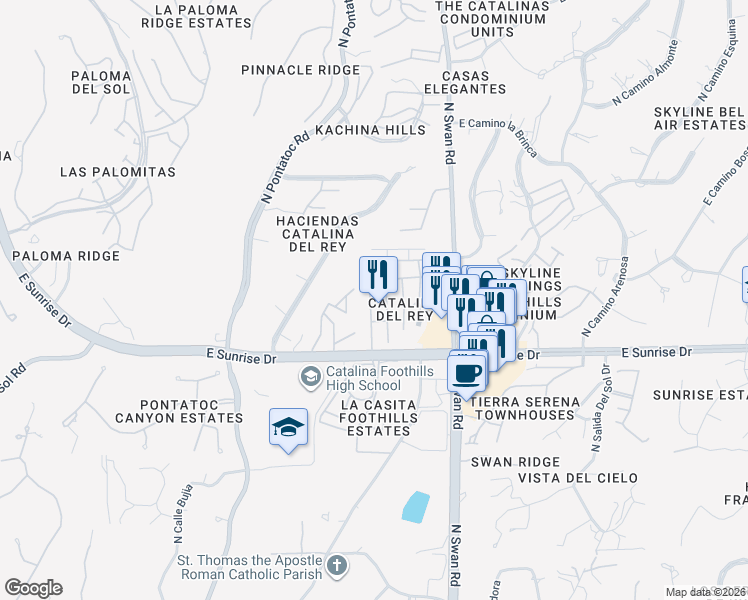 map of restaurants, bars, coffee shops, grocery stores, and more near 5689 North Camino Del Sol in Tucson
