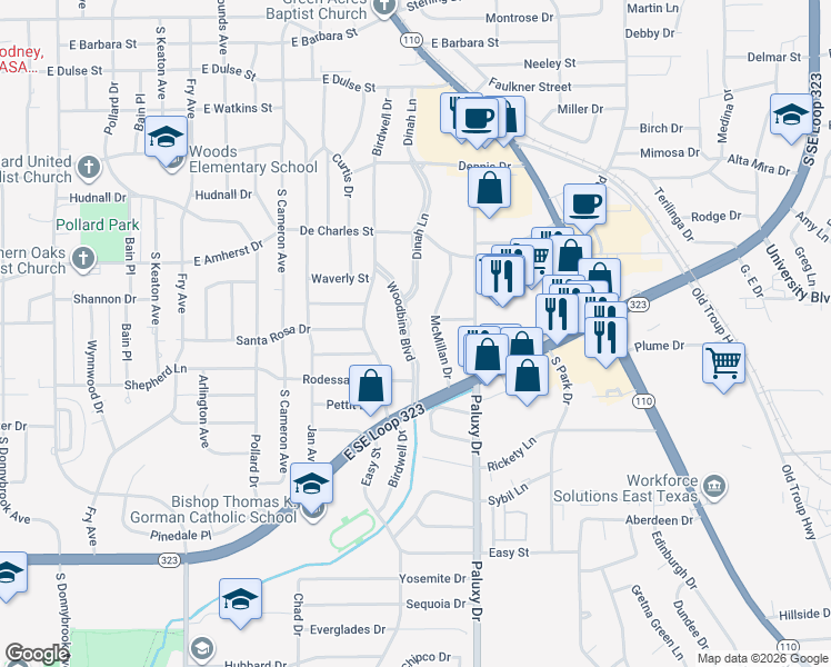 map of restaurants, bars, coffee shops, grocery stores, and more near 3514 Woodbine Boulevard in Tyler