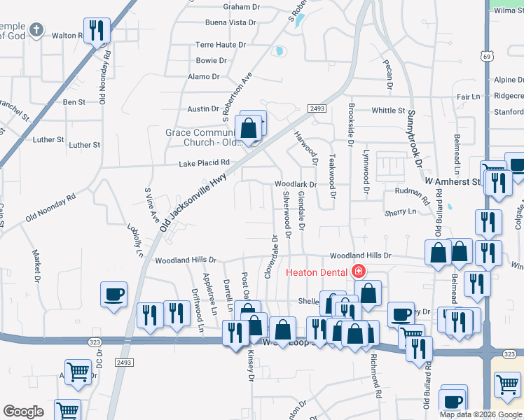 map of restaurants, bars, coffee shops, grocery stores, and more near 3444 Cottage Court in Tyler