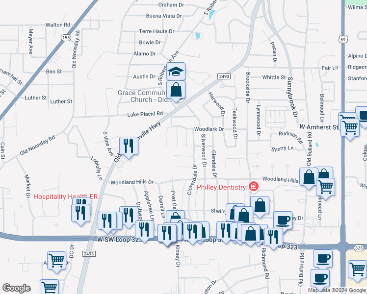 map of restaurants, bars, coffee shops, grocery stores, and more near 3448 Cottage Court in Tyler