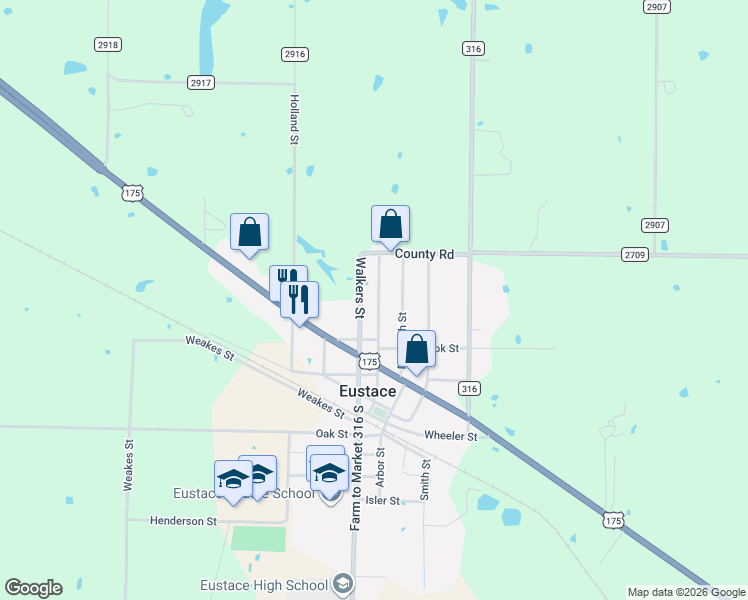 map of restaurants, bars, coffee shops, grocery stores, and more near 411 Edgar Street in Eustace