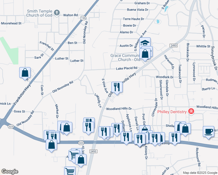 map of restaurants, bars, coffee shops, grocery stores, and more near 3357-3503 Old Jacksonville Hwy in Tyler