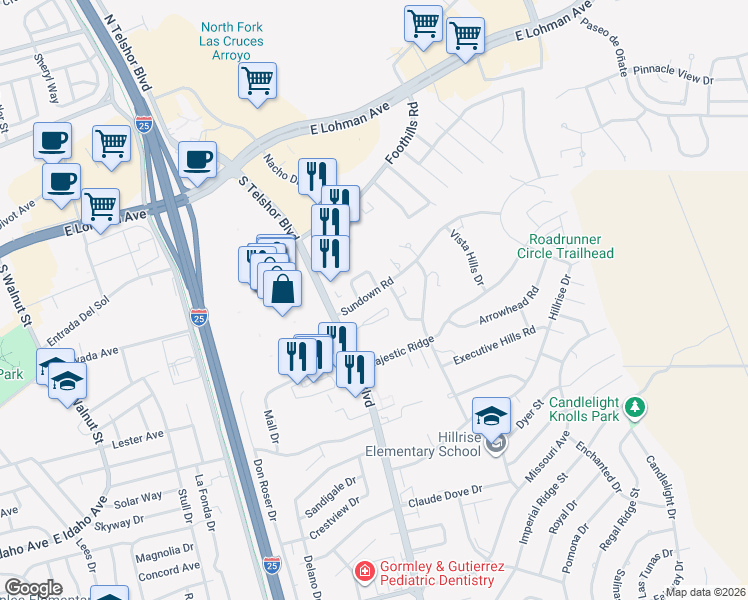 map of restaurants, bars, coffee shops, grocery stores, and more near 2975 Majestic Terrace Drive in Las Cruces