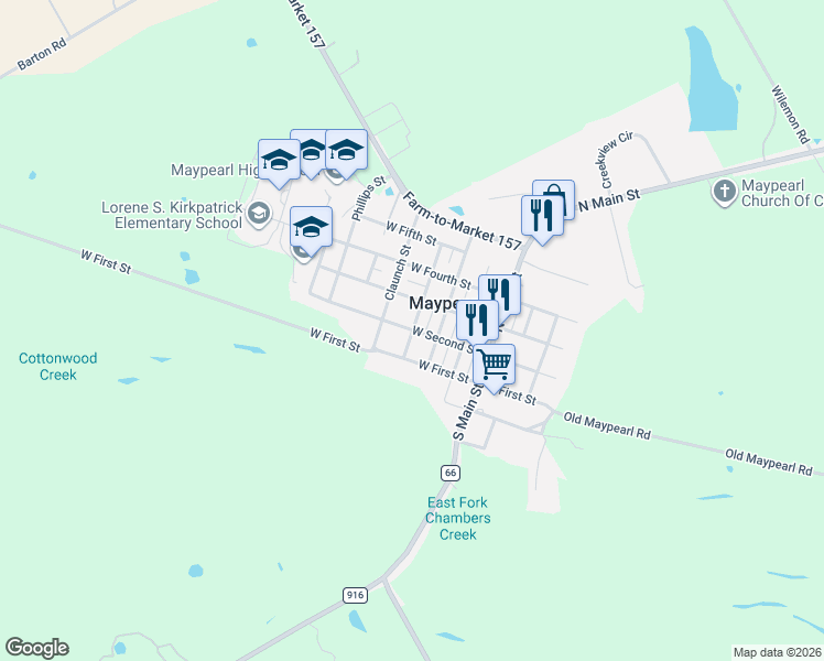 map of restaurants, bars, coffee shops, grocery stores, and more near 212 Trice Street in Maypearl