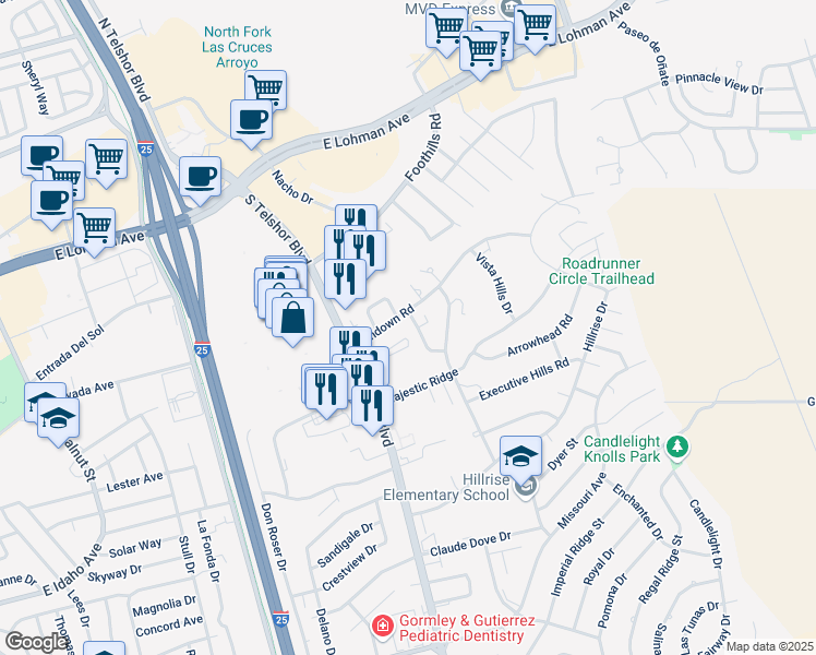 map of restaurants, bars, coffee shops, grocery stores, and more near 2966 Sundown Road in Las Cruces