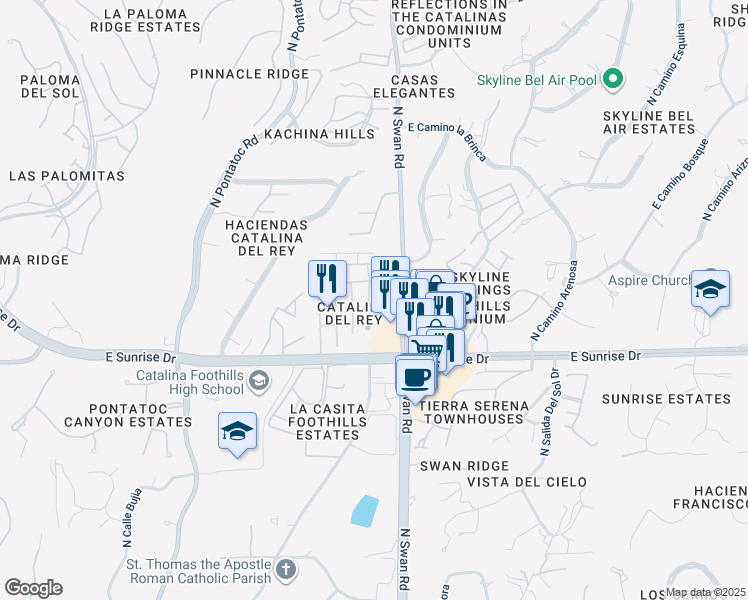 map of restaurants, bars, coffee shops, grocery stores, and more near 5637 North Swan Road in Tucson