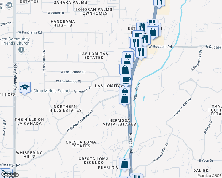 map of restaurants, bars, coffee shops, grocery stores, and more near 704 West Roller Coaster Road in Tucson