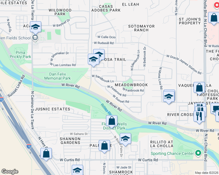 map of restaurants, bars, coffee shops, grocery stores, and more near 2733 West Firebrook Road in Tucson
