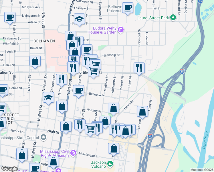 map of restaurants, bars, coffee shops, grocery stores, and more near 910 Madison Street in Jackson