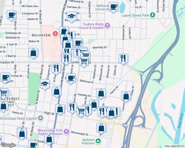 map of restaurants, bars, coffee shops, grocery stores, and more near 910 Madison Street in Jackson