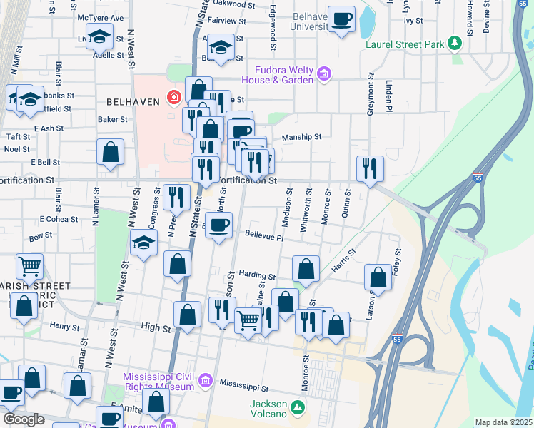 map of restaurants, bars, coffee shops, grocery stores, and more near 948 Bellevue Place in Jackson