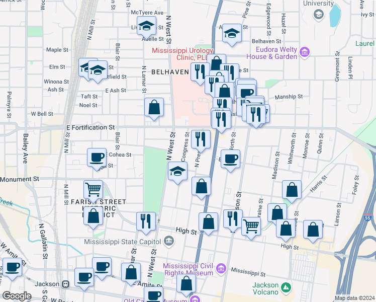 map of restaurants, bars, coffee shops, grocery stores, and more near 835 North President Street in Jackson