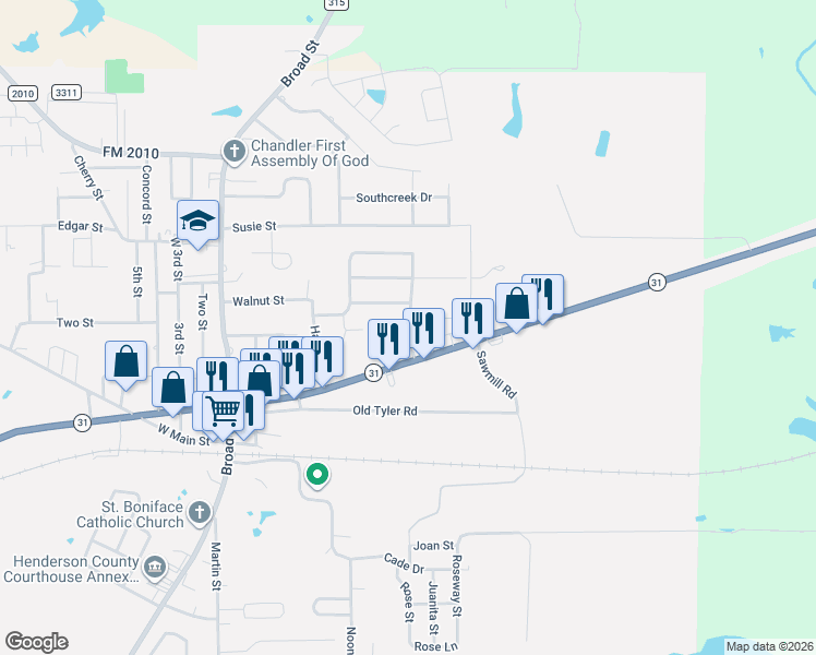 map of restaurants, bars, coffee shops, grocery stores, and more near 605 Texas 31 in Chandler