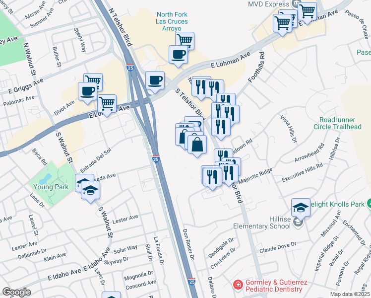 map of restaurants, bars, coffee shops, grocery stores, and more near 700 South Telshor Boulevard in Las Cruces