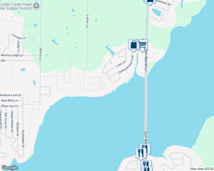 map of restaurants, bars, coffee shops, grocery stores, and more near 104 Ricky Road in Gun Barrel City