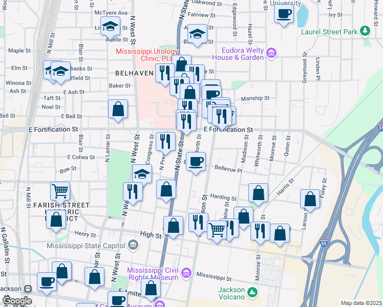 map of restaurants, bars, coffee shops, grocery stores, and more near 909 Mississippi Street in Jackson