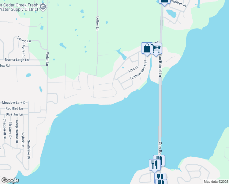 map of restaurants, bars, coffee shops, grocery stores, and more near 104 Ricky Road in Gun Barrel City