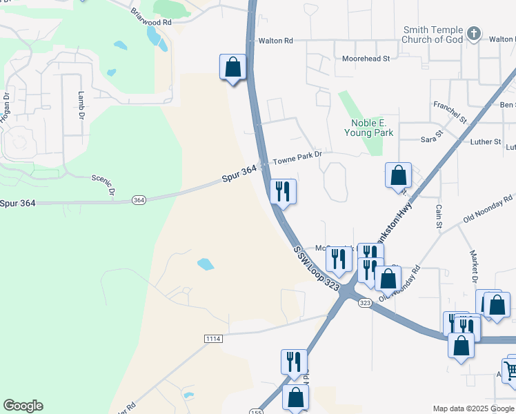 map of restaurants, bars, coffee shops, grocery stores, and more near 3201 W Southwest Loop 323 in Tyler