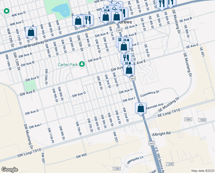 map of restaurants, bars, coffee shops, grocery stores, and more near 710 Southwest 3rd Street in Andrews