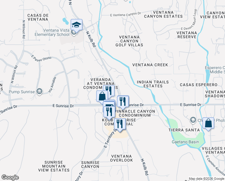 map of restaurants, bars, coffee shops, grocery stores, and more near 5751 North Kolb Road in Tucson