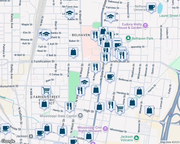 map of restaurants, bars, coffee shops, grocery stores, and more near 835 North President Street in Jackson