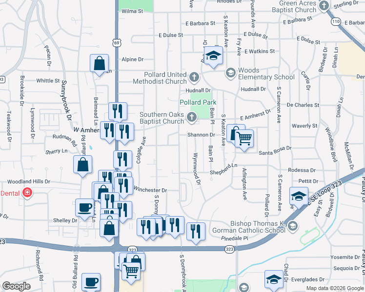 map of restaurants, bars, coffee shops, grocery stores, and more near 3512 New Copeland Road in Tyler