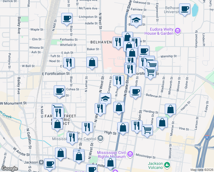 map of restaurants, bars, coffee shops, grocery stores, and more near 905 North Congress Street in Jackson