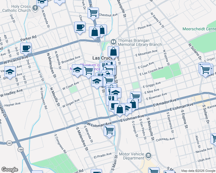 map of restaurants, bars, coffee shops, grocery stores, and more near 211 North Downtown Mall in Las Cruces
