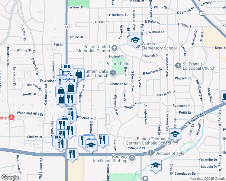 map of restaurants, bars, coffee shops, grocery stores, and more near 3435 Wynnwood Drive in Tyler