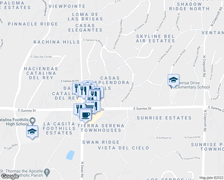 map of restaurants, bars, coffee shops, grocery stores, and more near 4901 East Sunrise Drive in Tucson