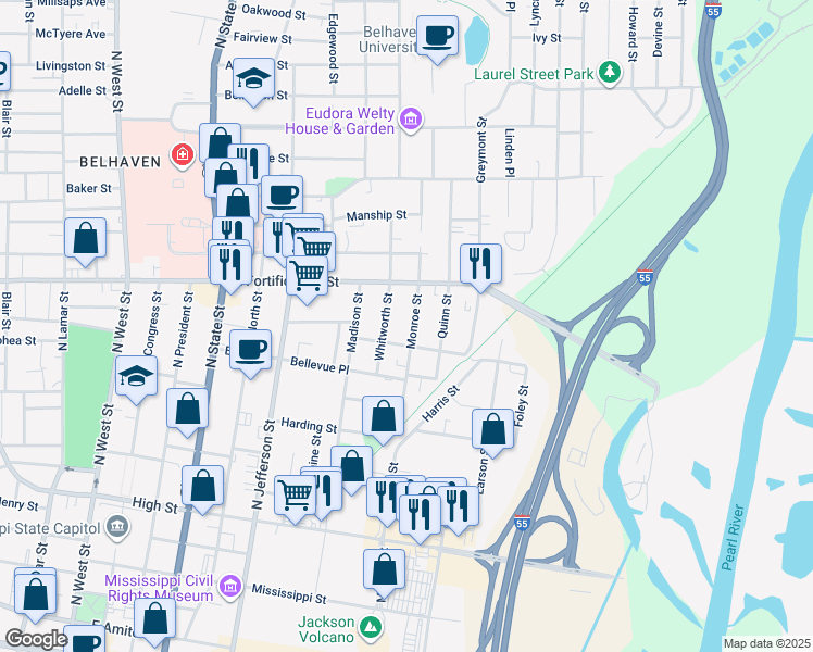 map of restaurants, bars, coffee shops, grocery stores, and more near 1121 Moody Street in Jackson
