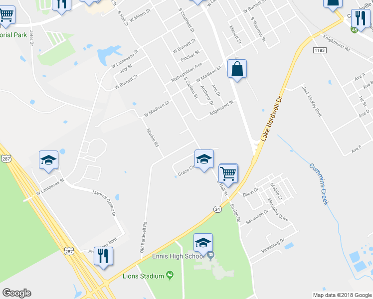 map of restaurants, bars, coffee shops, grocery stores, and more near 14 Grace Circle in Ennis