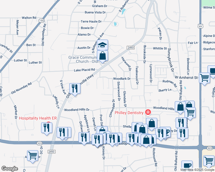 map of restaurants, bars, coffee shops, grocery stores, and more near 1213 Hampton Lane in Tyler