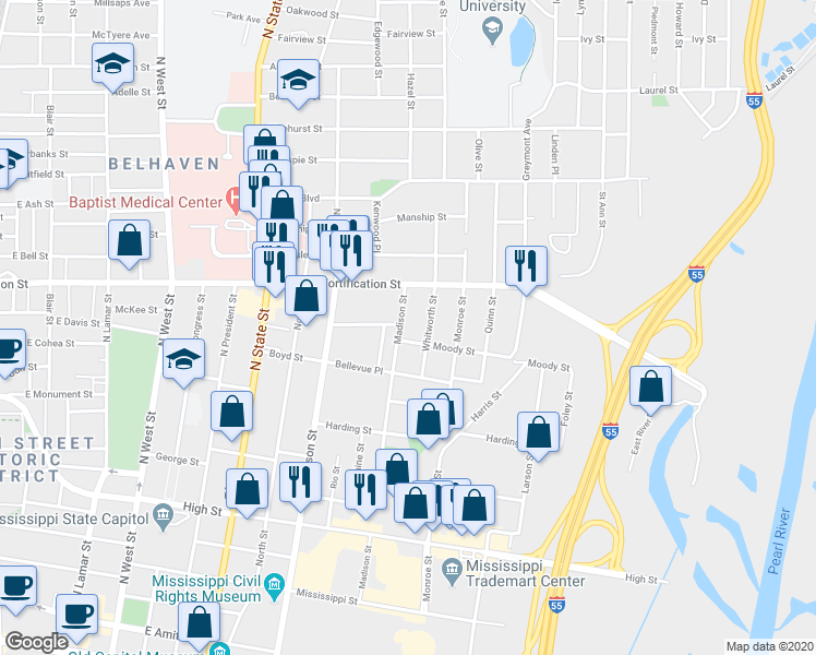 map of restaurants, bars, coffee shops, grocery stores, and more near 956 Madison Street in Jackson