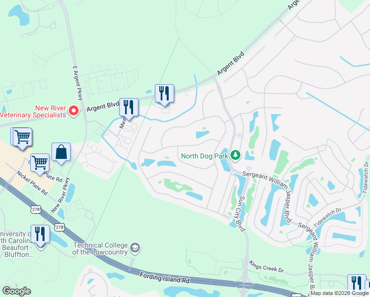 map of restaurants, bars, coffee shops, grocery stores, and more near 385 Palmdale Lane in Bluffton