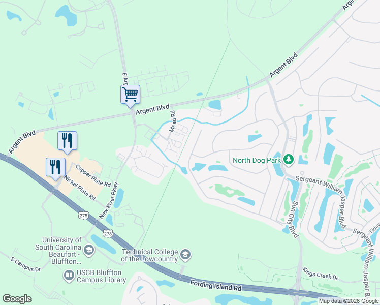 map of restaurants, bars, coffee shops, grocery stores, and more near 216 Mead Road in Hardeeville