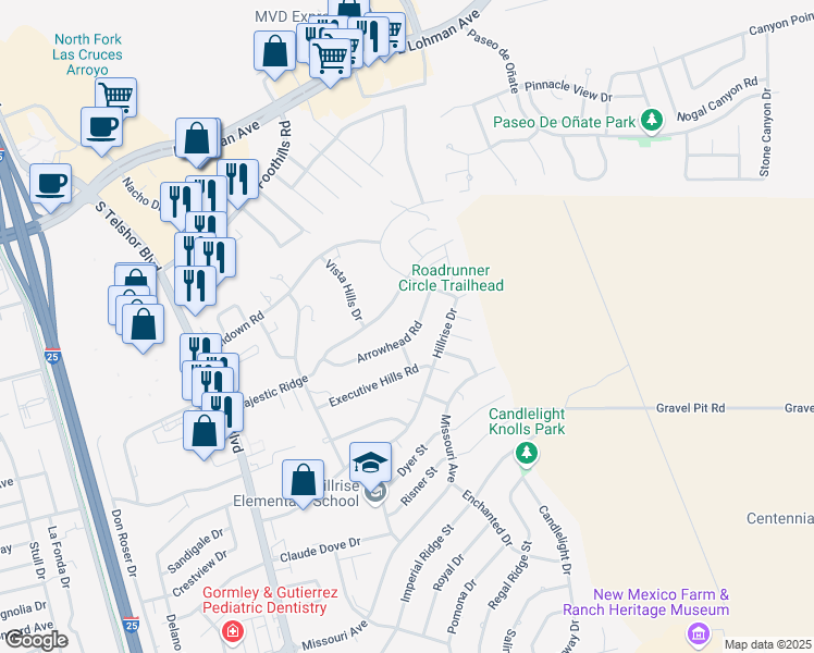 map of restaurants, bars, coffee shops, grocery stores, and more near 3235 Arrowhead Road in Las Cruces