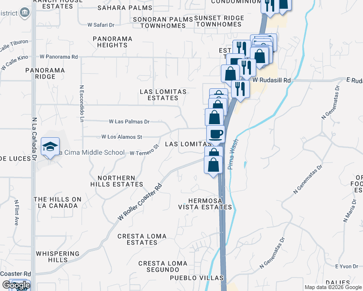 map of restaurants, bars, coffee shops, grocery stores, and more near 749 West Las Lomitas Road in Tucson