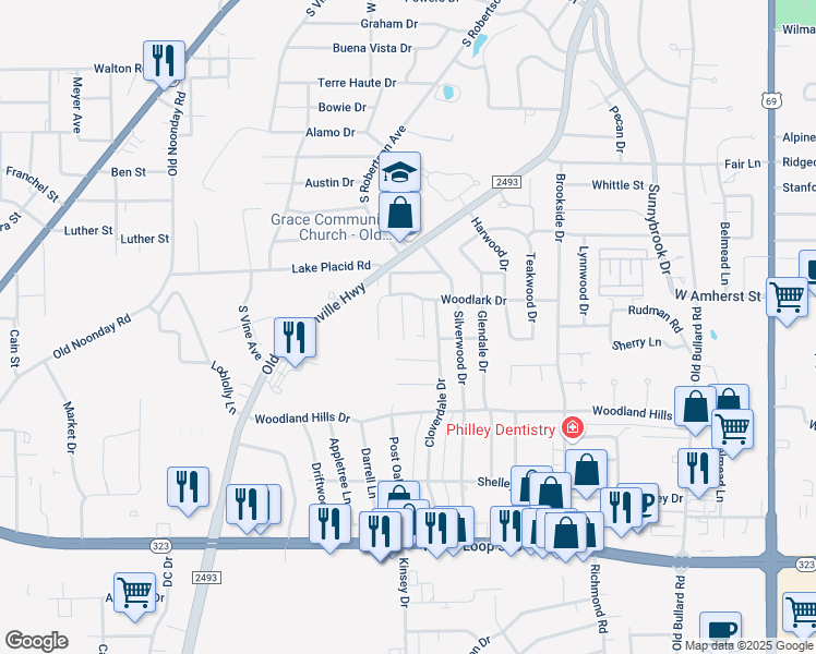 map of restaurants, bars, coffee shops, grocery stores, and more near 3426 Iberville Drive in Tyler