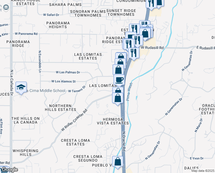map of restaurants, bars, coffee shops, grocery stores, and more near 637 West Las Lomitas Road in Tucson