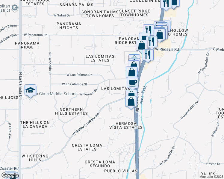 map of restaurants, bars, coffee shops, grocery stores, and more near 733 West Las Lomitas Road in Tucson
