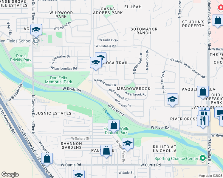 map of restaurants, bars, coffee shops, grocery stores, and more near 2736 West Sandbrook Lane in Tucson