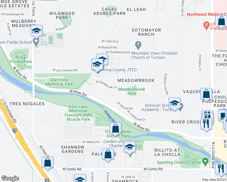 map of restaurants, bars, coffee shops, grocery stores, and more near 2736 West Sandbrook Lane in Tucson