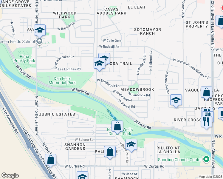 map of restaurants, bars, coffee shops, grocery stores, and more near 2792 West Firebrook Road in Tucson