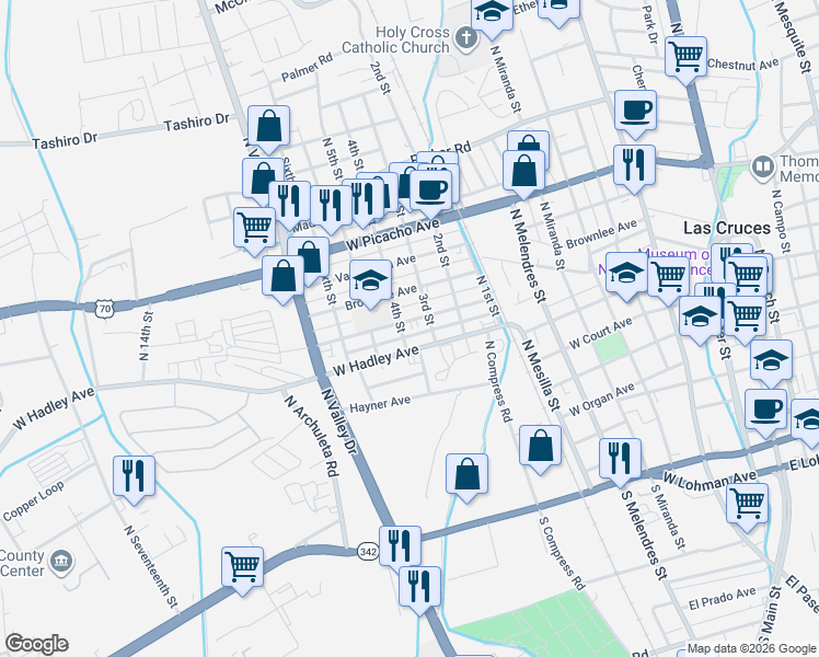 map of restaurants, bars, coffee shops, grocery stores, and more near 1048 McFie Avenue in Las Cruces