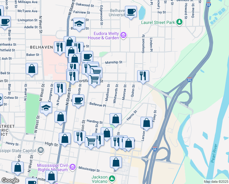 map of restaurants, bars, coffee shops, grocery stores, and more near 1038 Madison Street in Jackson