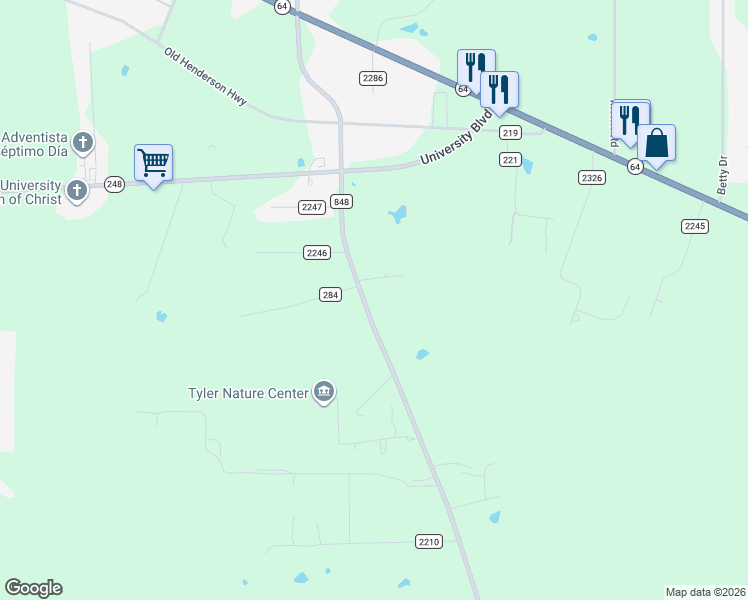 map of restaurants, bars, coffee shops, grocery stores, and more near 11605 FM 848 in Tyler