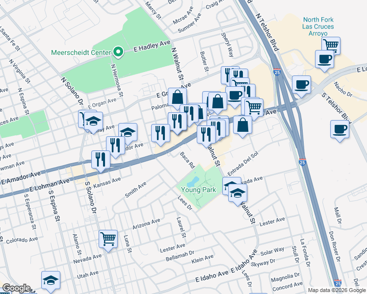 map of restaurants, bars, coffee shops, grocery stores, and more near 2005-2077 E Lohman Ave in Las Cruces