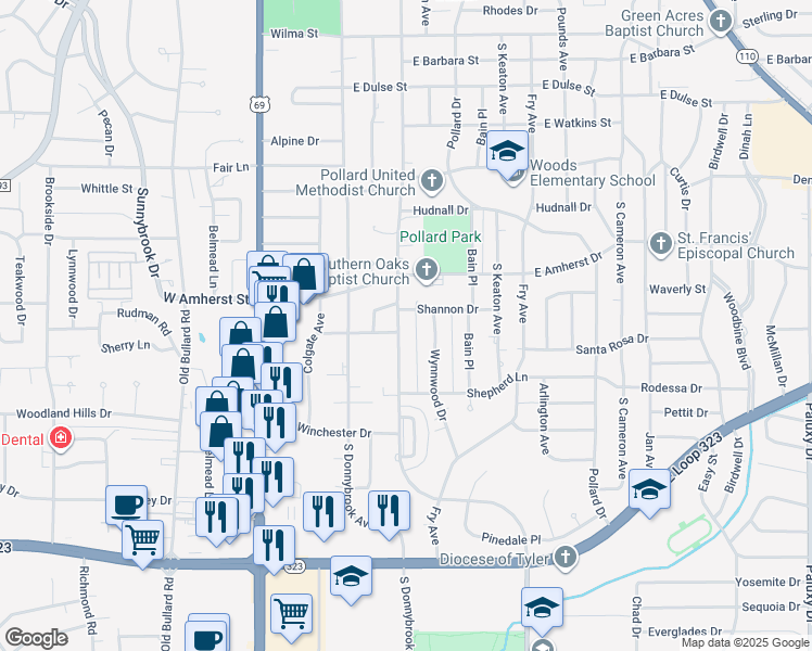 map of restaurants, bars, coffee shops, grocery stores, and more near 3424 New Copeland Road in Tyler
