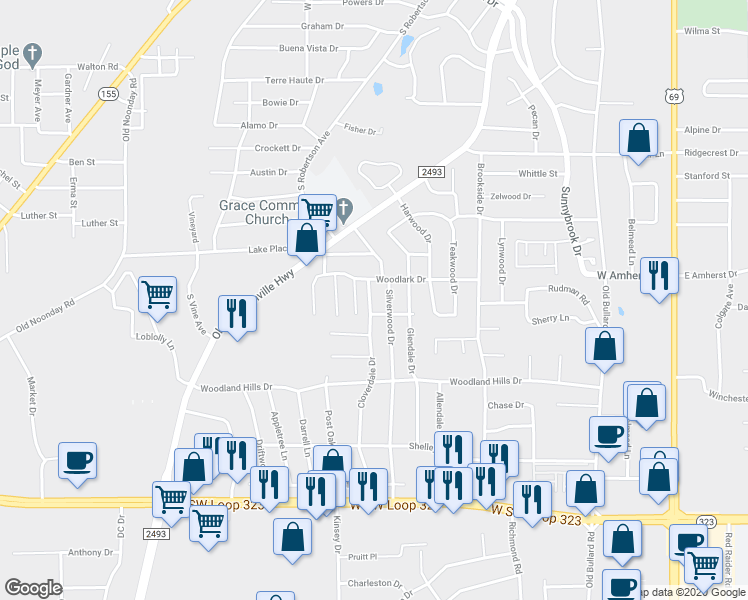 map of restaurants, bars, coffee shops, grocery stores, and more near 3410 Cloverdale Drive in Tyler